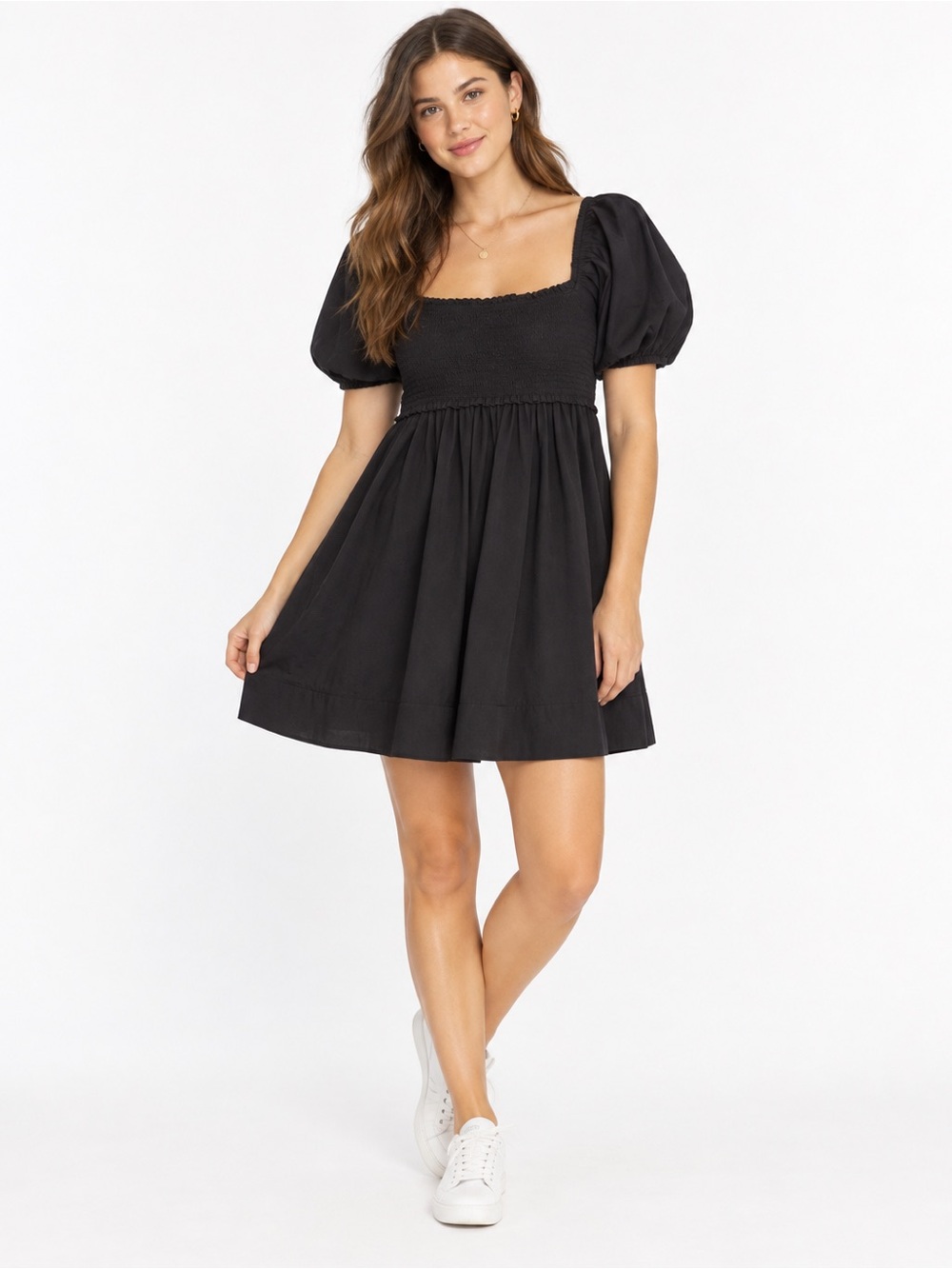 American Eagle Black Smocked Puff Sleeve Babydoll Mini Dress Small